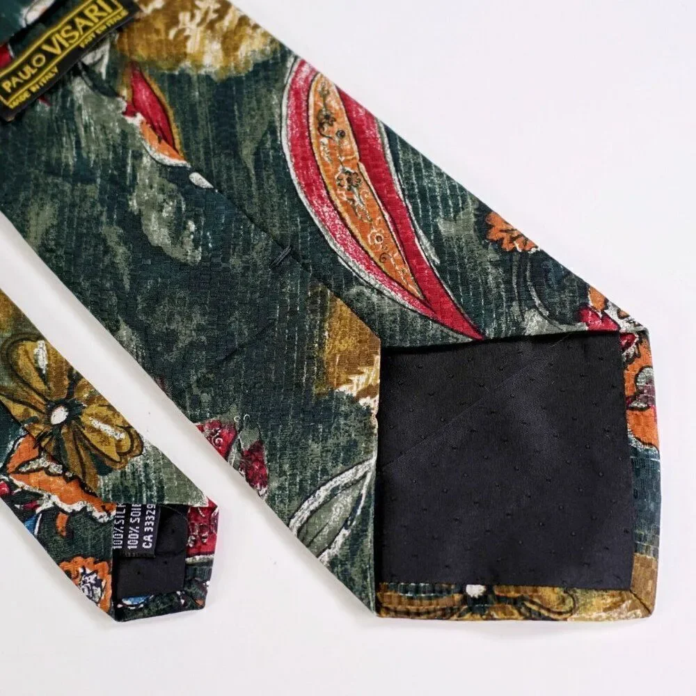 Paulo Visari Green Multi-Colored Floral Print Short Wide Silk Tie Made In Itally